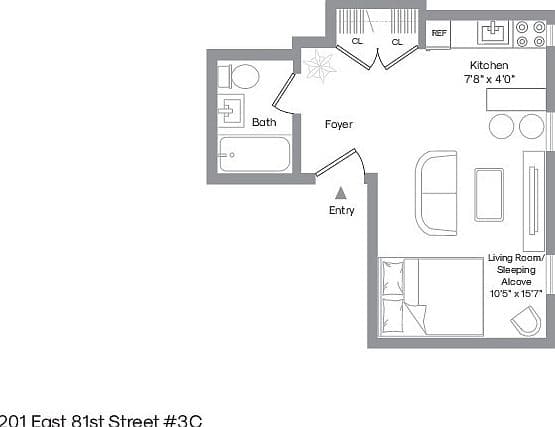572-Square-Foot Upper East Side Studio with Renovated Kitchen and Built-In AC