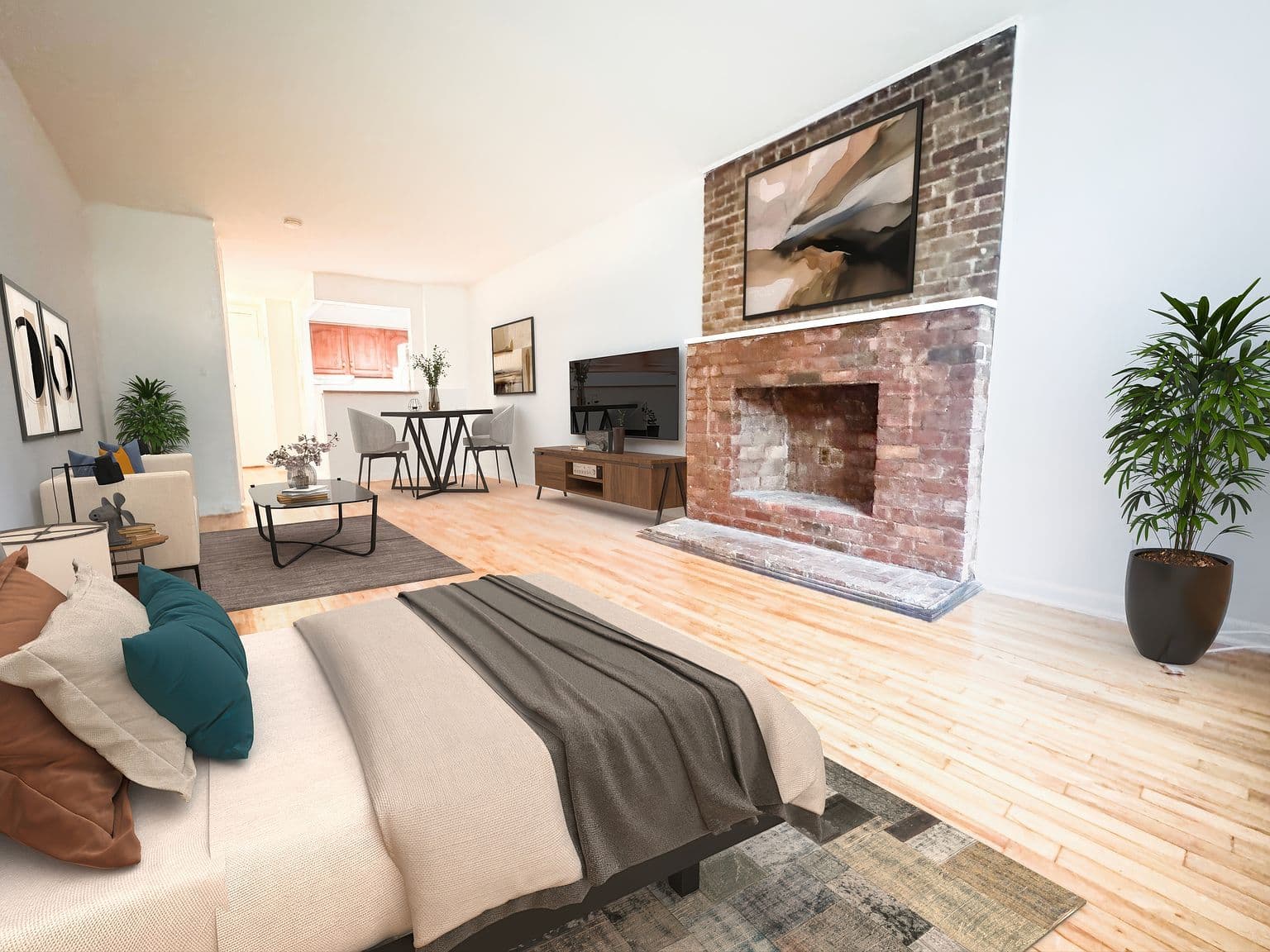 Bright Corner Studio Apartment with Exposed Brick and Breakfast Bar