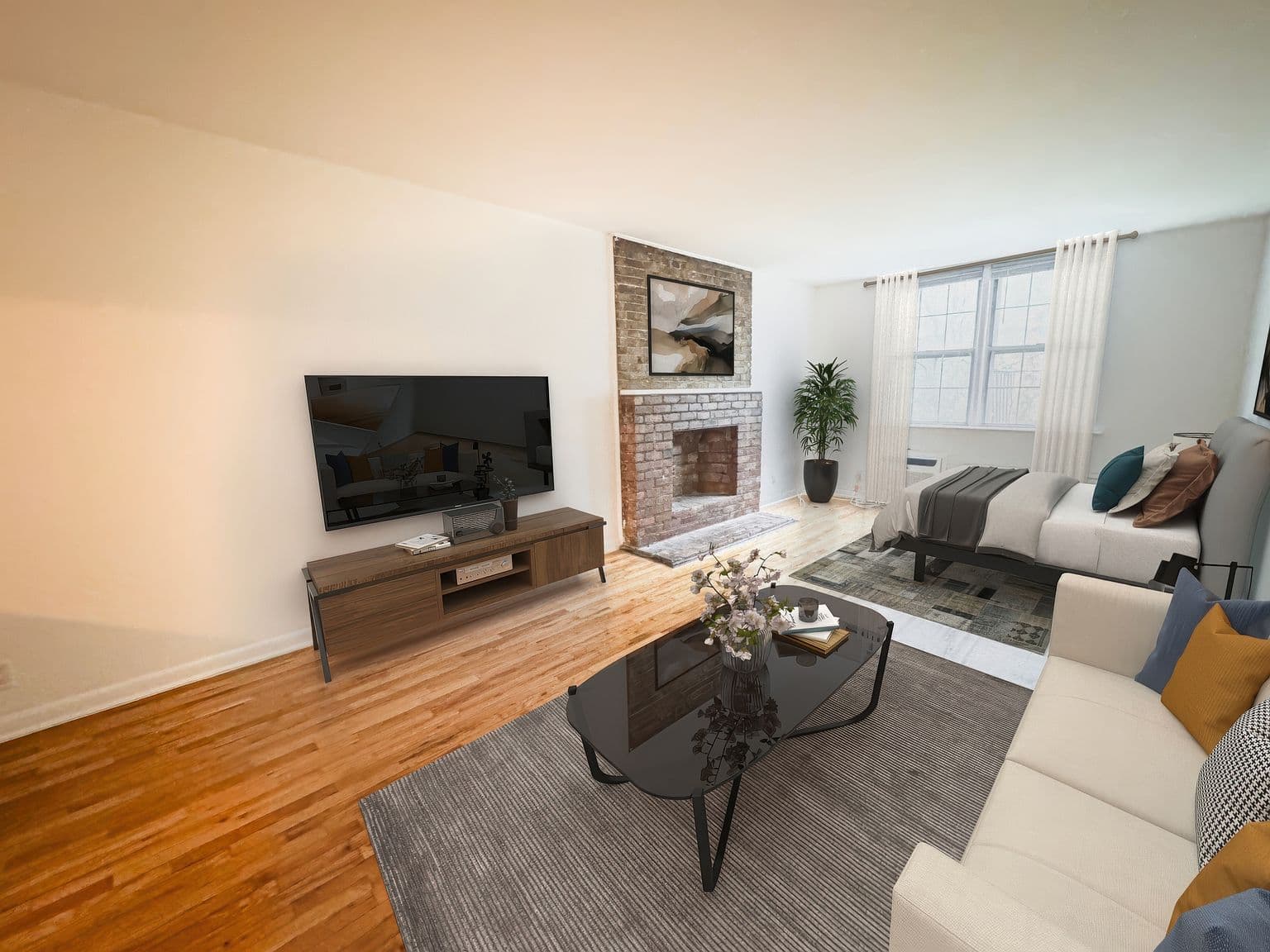 Bright Corner Studio Apartment with Exposed Brick and Breakfast Bar
